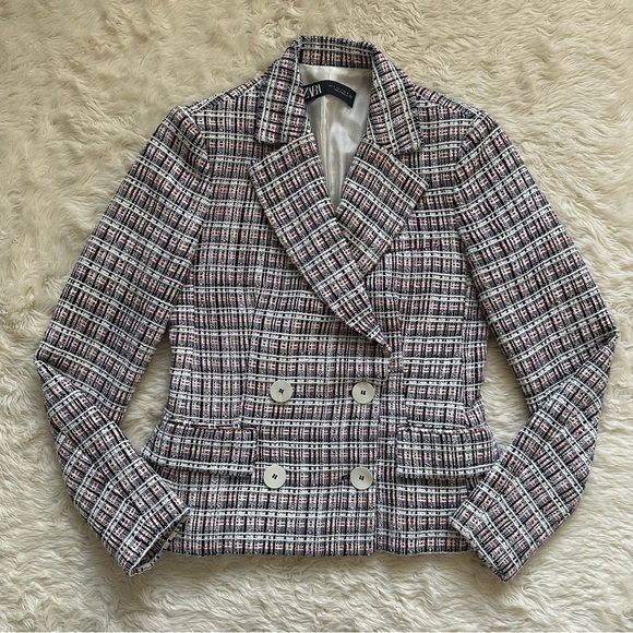 Zara Jacket Double Breasted Blazer Tweed Textured Long Sleeve Multicolor S - Picture 2 of 13